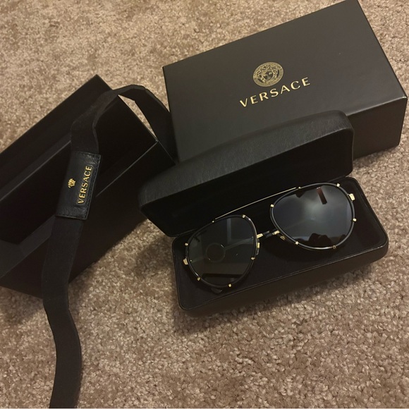 Versace Gold-Trimmed Black Aviator Sunglasses